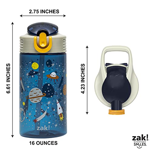 Zak Designs Kids Water Bottle For School or Travel, 16oz Durable Plastic Water Bottle With Straw, Handle, and Leak-Proof, Pop-Up Spout Cover (Space)