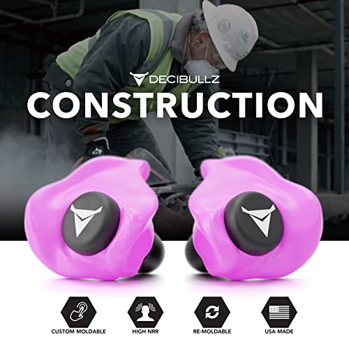 Decibullz - Custom Molded Earplugs, 31dB Highest NRR, Comfortable Hearing Protection for Shooting, Travel, Swimming, Work and Concerts (Pink)