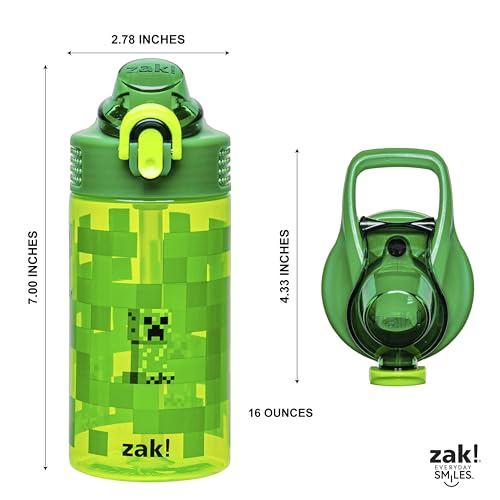 Zak Designs Sage Minecraft Kids Water Bottle For School or Travel, 16oz Durable Plastic Water Bottle With Straw, Handle, and Leak-Proof, Pop-Up Spout Cover (Creeper)