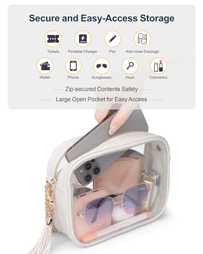 PACKISM Clear Bag for Stadium Events - Fashionable Clear Purse Crossbody for Women Approved, PU & PVC, Adjustable Chain Strap with Tassel, Perfect for Sports & Concerts, Off-White