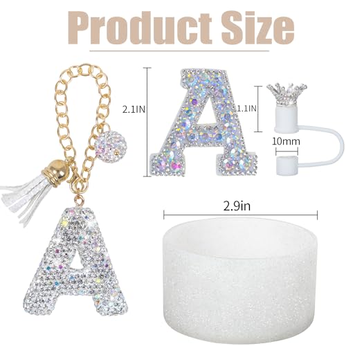 Letter Charms for Stanley Cup Handle,Silicone Boot Accessories Charms for Stanley Cup 40oz 30oz,Crown Straw Cover Topper & Diamond Sticker(W)