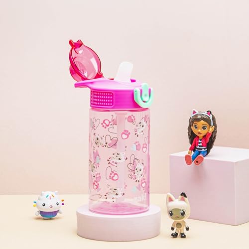 Zak Designs Sage DreamWorks Gabby's Dollhouse Kids Water Bottle For School or Travel, 16oz Durable Plastic Water Bottle With Straw, Handle, and Leak-Proof, Pop-Up Spout Cover (Pandy Paws)