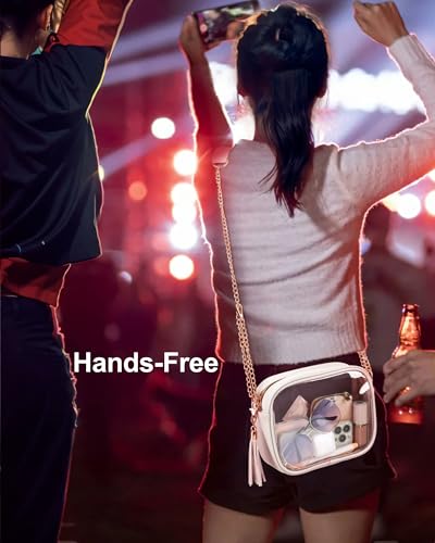 PACKISM Clear Bag for Stadium Events - Fashionable Clear Purse Crossbody for Women Approved, PU & PVC, Adjustable Chain Strap with Tassel, Perfect for Sports & Concerts, Off-White