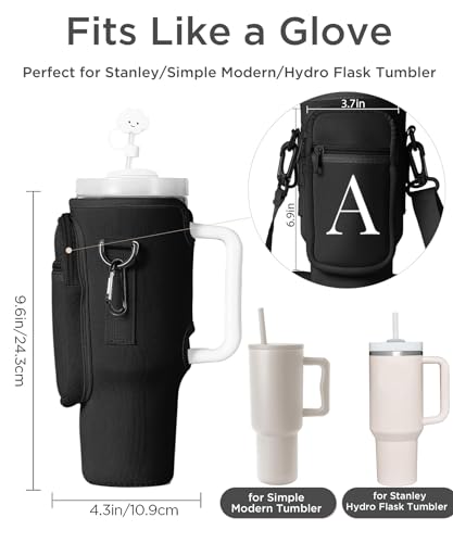 dabria Initial A-Z Water Bottle Bag with Phone Pocket for Stanley 40 oz Tumbler Neoprene Water Bottle Holder Pouch with Adjustable Strap Bollus with Straw Cover & Carabiner for Stanley Cup Accessories