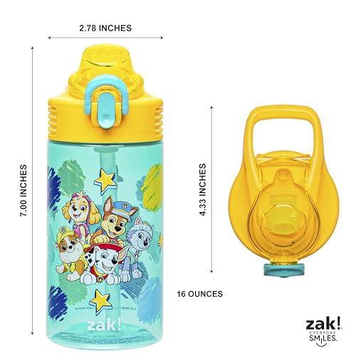 Zak Designs Sage PAW Patrol Water Bottle For School or Travel, 16oz Durable Plastic Water Bottle With Straw, Handle, and Leak-Proof, Pop-Up Spout Cover (Chase, Marshall, Skye, Rubble, Everest)