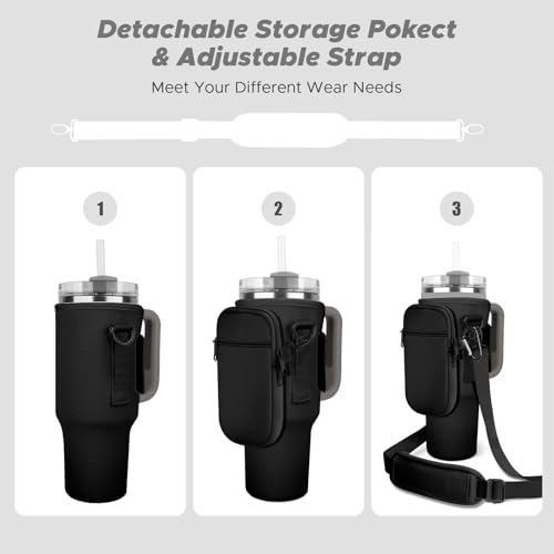 Watter Bottle Carrier Bag with Detachable Pocket Compatible with Stanley& Simple Morden 40oz Tumbler with Handle,Water Cup Holder with Adjustable Shoulder Strap& Carabiner for Stanley Cup Accessories
