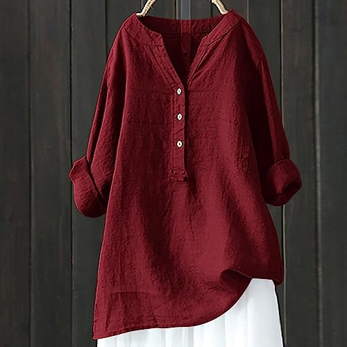 flash deals today linen swim cover up for women casual tops for women 3/4 sleeve oversized tops womens short sleeve blouses dressy casual v neck t shirts womens summer button down shirt Red-5 3XL