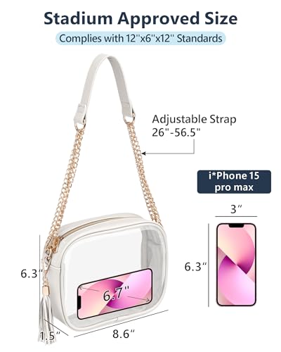 PACKISM Clear Bag for Stadium Events - Fashionable Clear Purse Crossbody for Women Approved, PU & PVC, Adjustable Chain Strap with Tassel, Perfect for Sports & Concerts, Off-White