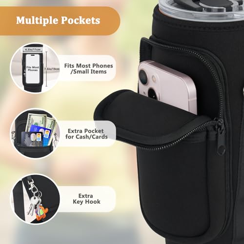 Water Bottle Carrier Bag with Phone Pocket Compatible with Stanley/Meoky 40 oz Tumbler with Handle,Neoprene Water Bottle Holder Pouch with Adjustable Strap Compatible with Stanley Cup Accessories,Pink