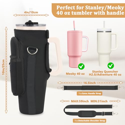 Water Bottle Carrier Bag with Phone Pocket Compatible with Stanley/Meoky 40 oz Tumbler with Handle,Neoprene Water Bottle Holder Pouch with Adjustable Strap Compatible with Stanley Cup Accessories,Pink