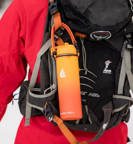 HYDRO CELL Paracord Handle for Wide Mouth Water Bottles - Carrier Strap w/Attachment Ring and Carabiner Accessory. Compatible w/ 64oz, 40oz 32oz, 24oz, 18oz, 14oz Insulated Bottles (Red/Orange)