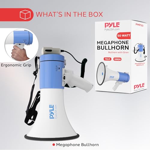 PYLE Portable Megaphone Speaker PA Bullhorn - Built-in Siren, 50W Adjustable Volume Control in 1200 Yard Range, Ideal for Any Outdoor Sports, Cheerleading Fans & Coaches, or for Safety Drills