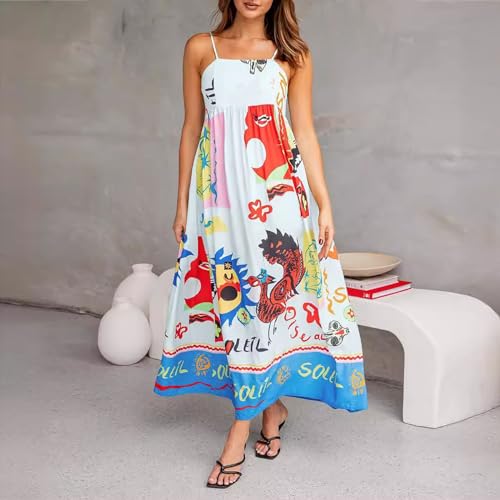 Generic Women Cute Print Maxi Cami Dress Loose Sleeveless Spaghetti Strap Boho Dress Flowy Graffiti Long Aline Sun Dress(B-Blue,Large)