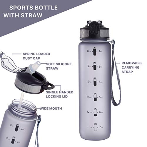 EYQ 32 oz Water Bottle with Time Marker, Carry Strap, Leak-Proof Tritan BPA-Free, Ensure You Drink Enough Water for Fitness, Gym, Camping, Outdoor Sports (Gray)
