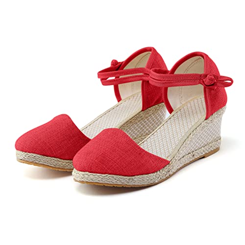 Women's Ankle Strap Low Wedge Sandals Open Toe Evening Dress Wedding Dance Shoes Boho Style Vintage Slip On Flip Flops Sandals 07-Red, 7