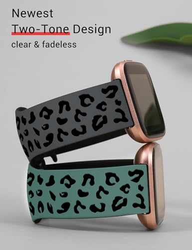 Minyee 2 Packs Leopard Engraved Band Compatible with Fitbit Versa 2/Fitbit Versa/Versa Lite Bands Women, Two-Tone Cheetah Soft Silicone Sport Designer Cute Fancy Summer Strap for Versa 2 Smart Watch