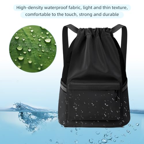 Valleycomfy Drawstring Backpack Sports Gym Backpack with Reflective Strips Water-Resistant String Beach Bag for Men Women Black
