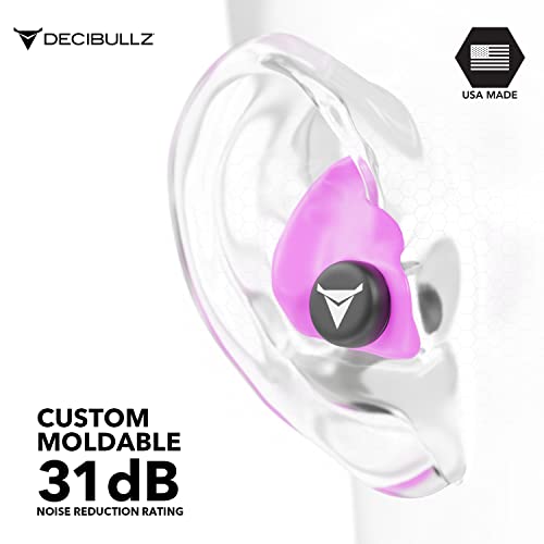 Decibullz - Custom Molded Earplugs, 31dB Highest NRR, Comfortable Hearing Protection for Shooting, Travel, Swimming, Work and Concerts (Pink)