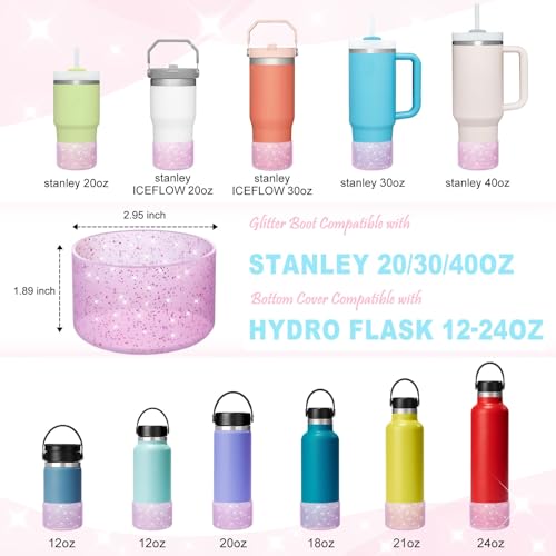 Silicone Boots for Stanley Cup 20-40 OZ, Glitter Boot for Stanley IceFlow 20 30 OZ, Bottom Protector Sleeve for Hydroflask 12-24 OZ Sports Water Bottle Boot Accessories (Ash Glitter Gold)