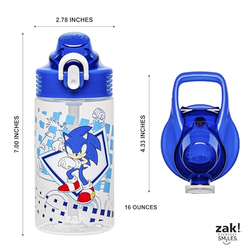 Zak Designs Sage Sonic the Hedgehog Water Bottle For School or Travel, 16oz Durable Plastic Water Bottle With Straw, Handle, and Leak-Proof, Pop-Up Spout Cover (Sonic, Eggman)