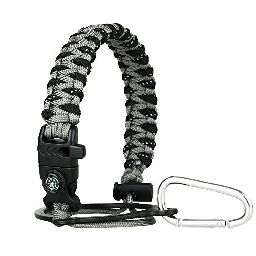 WEREWOLVES Paracord Handle - Fits Wide Mouth Bottles 12oz to 64oz - Durable Carrier, Paracord Carrier Strap Cord with Safety Ring,Compass and Carabiner - Ideal Water Bottle Handle Strap (Grey-Black)