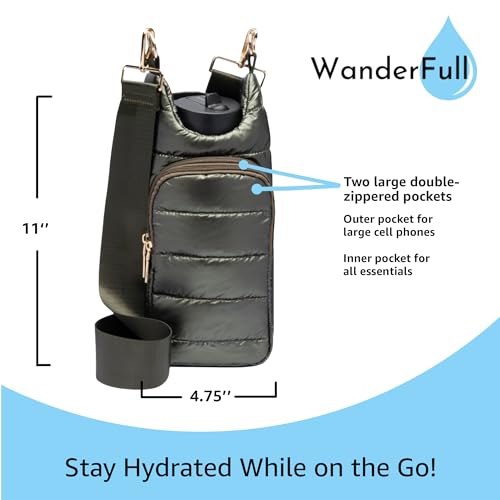 WanderFull Original Crossbody HydroBag | Quilted Water Bottle Carrier | Puffer Tote Tumbler Holder with Pockets for Purse, Phone & Accessories | Carry Travel Essentials (Army Green)