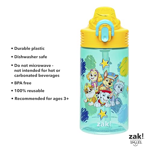 Zak Designs Sage PAW Patrol Water Bottle For School or Travel, 16oz Durable Plastic Water Bottle With Straw, Handle, and Leak-Proof, Pop-Up Spout Cover (Chase, Marshall, Skye, Rubble, Everest)