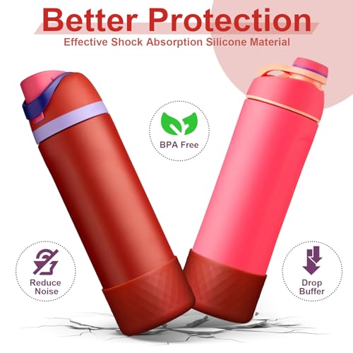 2PCS Silicone Water Bottle Boot for Owala 24 Oz, Anti-Slip Protective Sleeve Bottom Bumper Protector for FreeSip, Twist, and Flip Stainless Steel Water Bottles (Dark Red)