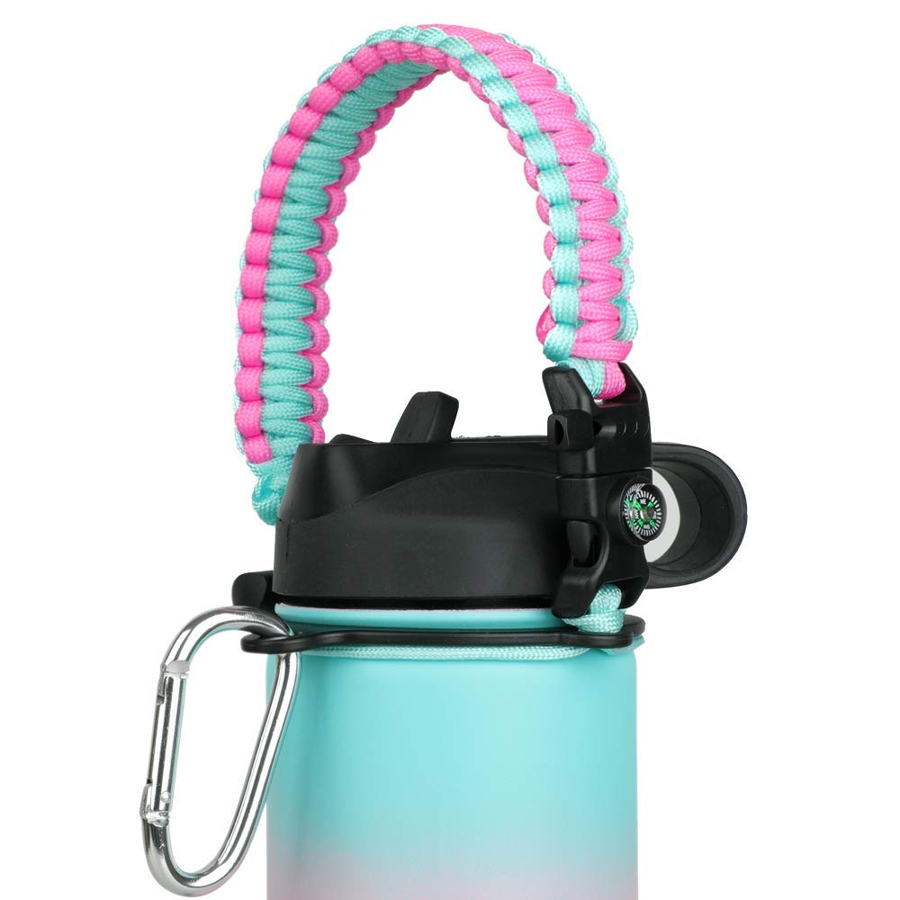 Paracord Handle - Fits Wide Mouth Bottles 12oz to 64oz - Durable Carrier, Paracord Carrier Strap Cord with Safety Ring,Compass and Carabiner - Ideal Water Bottle Handle Strap (Pink)
