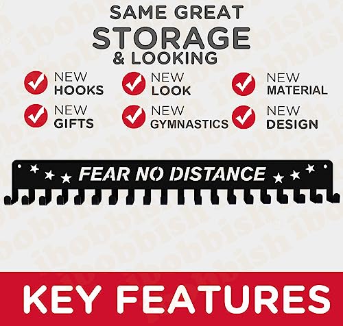 iBobbish Premium Medal Holder Hanger Display FEAR NO DISTANCE with 20 Hooks,race medal display Upgraded Medal Holder display with Simple Design for gymanstics,race,soccer,swim