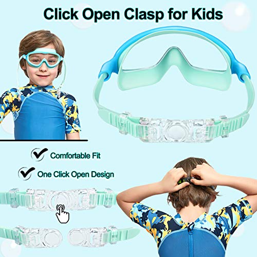 Seago Swim Goggles 2 Pack Anti-Fog Anti-UV Wide View UV Protection, Adjustable Swimming Goggles for Kids 3-15, Light Blue & Black, Green