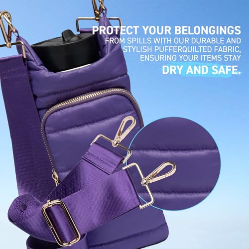 WanderFull Original Crossbody HydroBag | Quilted Water Bottle Carrier | Puffer Tote Tumbler Holder with Pockets for Purse, Phone & Accessories | Carry Travel Essentials (Deep Violet)