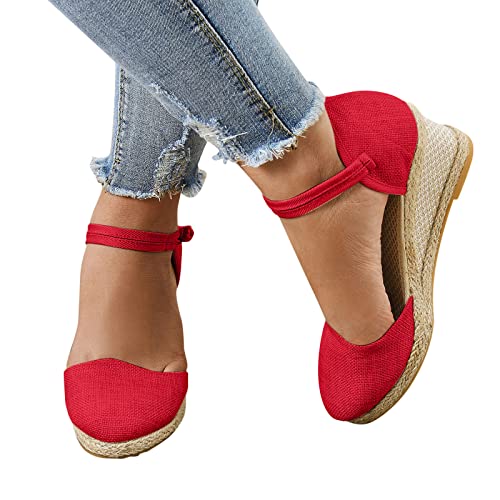 Women's Ankle Strap Low Wedge Sandals Open Toe Evening Dress Wedding Dance Shoes Boho Style Vintage Slip On Flip Flops Sandals 07-Red, 7