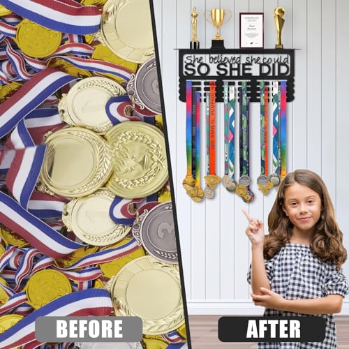 Takytao Medal Hanger Display with Trophy Shelf, Upgraded Sports Medal Holder Trophy Display Shelf Ribbon Holder Simple Wall Hanger with Motivational Words for Gymnastics, Soccer, Softball