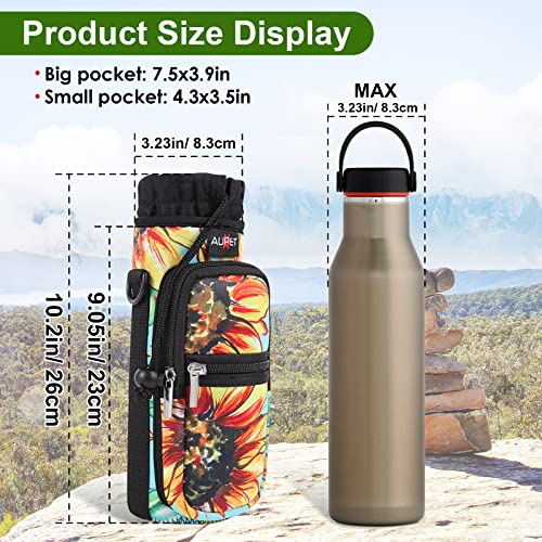 AUPET Water Bottle Sling Bag Sleeve Holder Carrier 25/32/40/64 oz,Insulated Crossbody Water Bottle Case Cover with Strap and Pockets for Men/Women Walking Hiking Camping (32oz, yellow leaves)