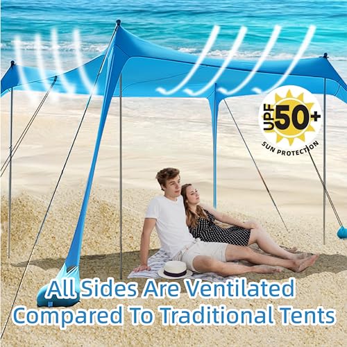 Beach Shade Tent,Beach Canopy,Beach Tent Sun Shelter | UPF50+ Pop Up Beach Tent,Beach Umbrella with 6 Sandbags and 4 Aluminum Poles, Beach Shade for Camping, Backyard Fun or Picnics (Blue10*10FT)