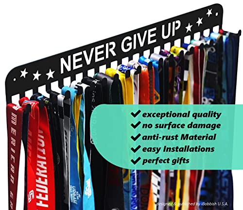 Premium Medal Display Hanger Never Give Up with 20 Hooks,Medal Hanger Display For Wall with 16inchL,race medal display Upgraded Medal Holder display with Simple Design For gymanstics,race,soccer,swim