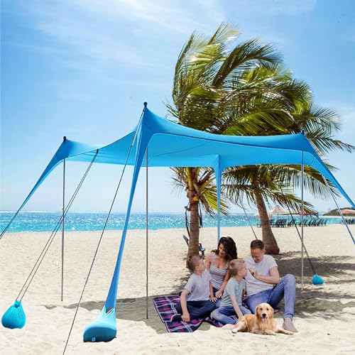 Beach Shade Tent,Beach Canopy,Beach Tent Sun Shelter | UPF50+ Pop Up Beach Tent,Beach Umbrella with 6 Sandbags and 4 Aluminum Poles, Beach Shade for Camping, Backyard Fun or Picnics (Blue10*10FT)