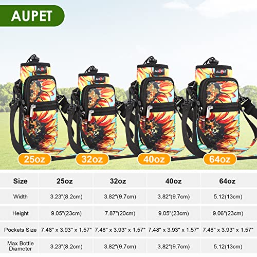 AUPET Water Bottle Sling Bag Sleeve Holder Carrier 25/32/40/64 oz,Insulated Crossbody Water Bottle Case Cover with Strap and Pockets for Men/Women Walking Hiking Camping (32oz, yellow leaves)