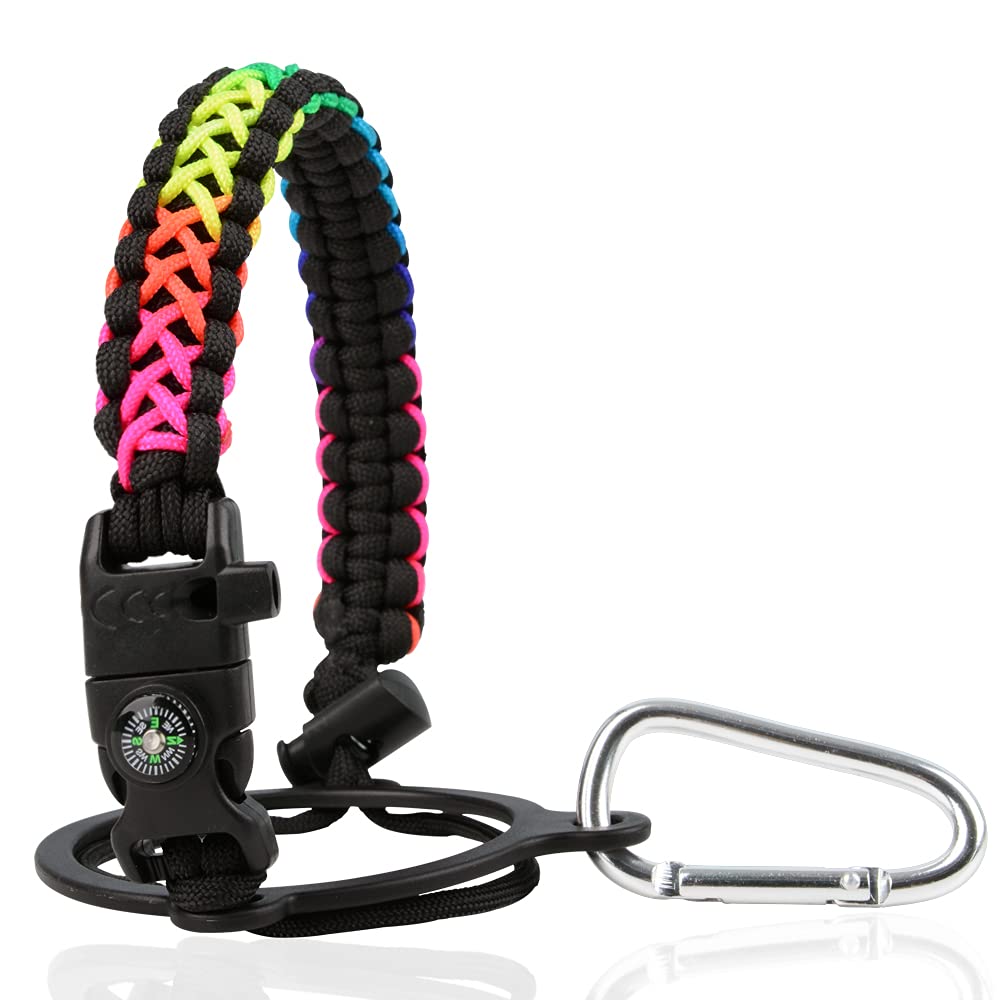 Paracord Handle - Fits Wide Mouth Bottles 12oz to 64oz - Durable Carrier, Paracord Carrier Strap Cord with Safety Ring,Compass and Carabiner - Ideal Water Bottle Handle Strap (Rainbow Grid)
