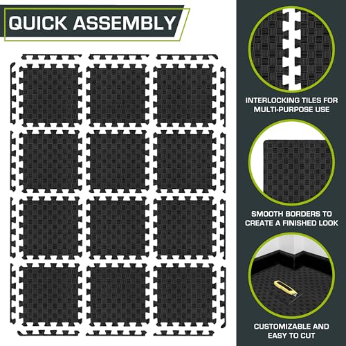 ProsourceFit Exercise Puzzle Mat 1-in, Checkered EVA Foam Floor Tiles w/Non-Slip Texture, Gym Mat w/Interlocking Foam Tiles for Adjustable Surface, Shock Absorbing, Waterproof Gym Flooring, Black