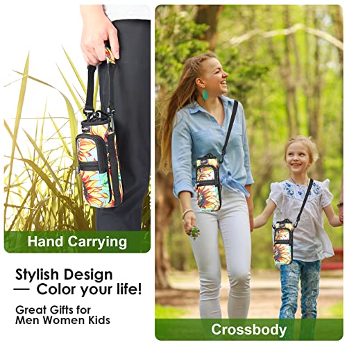 AUPET Water Bottle Sling Bag Sleeve Holder Carrier 25/32/40/64 oz,Insulated Crossbody Water Bottle Case Cover with Strap and Pockets for Men/Women Walking Hiking Camping (32oz, yellow leaves)