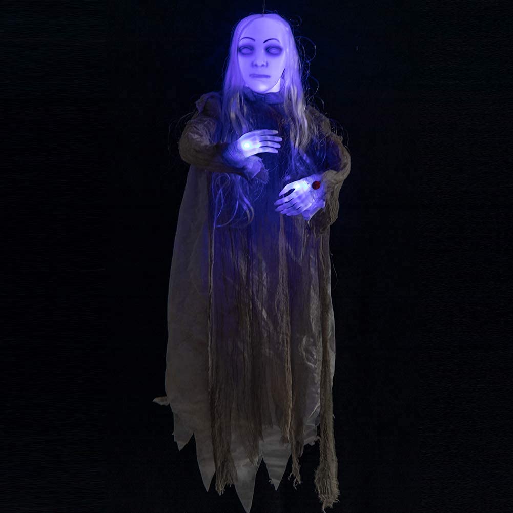 HollyHOME Animated Hanging Ghost with Glowing Head and Creepy Sounds Female Ghost Halloween Decorations Outdoor Haunted House Prop Decor 48 Inch