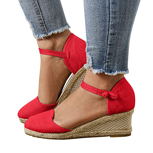 Women's Ankle Strap Low Wedge Sandals Open Toe Evening Dress Wedding Dance Shoes Boho Style Vintage Slip On Flip Flops Sandals 07-Red, 7