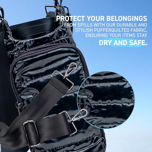 WanderFull Original Crossbody HydroBag | Quilted Water Bottle Carrier | Puffer Tote Tumbler Holder with Pockets for Purse, Phone & Accessories | Carry Travel Essentials (Black Glossy/Black Strap)