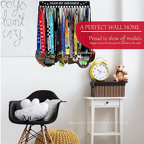 iBobbish Premium Medal Holder Hanger Display FEAR NO DISTANCE with 20 Hooks,race medal display Upgraded Medal Holder display with Simple Design for gymanstics,race,soccer,swim