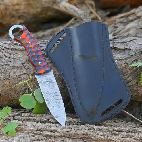 Fixed Blade Hunting Knife Camel Bone Handle Damascus Steel Sharp Blade Full Tang Knife with Leather Sheath for Outdoor Camping, Skining, Hiking, Fishing, Bushcraft Survival Knives (Camel Bone)