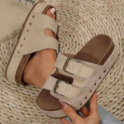 Generic Platform Footbed Sandals for Women Comfortable Footbed Summer Sandals Slip On Slides Beach Sandals Adjustable Buckle, 6.5, Beige