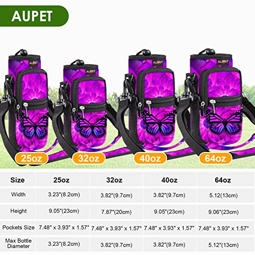 Water Bottle Sling Bag Sleeve Holder Carrier 25/32/40/64 oz ,Insulated Crossbody Water Bottle Case Cover with Strap and Pockets for Men/Women Walking Hiking Camping (32oz, purple butterfly flower)