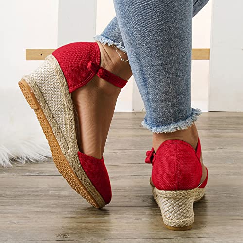 Women's Ankle Strap Low Wedge Sandals Open Toe Evening Dress Wedding Dance Shoes Boho Style Vintage Slip On Flip Flops Sandals 07-Red, 7